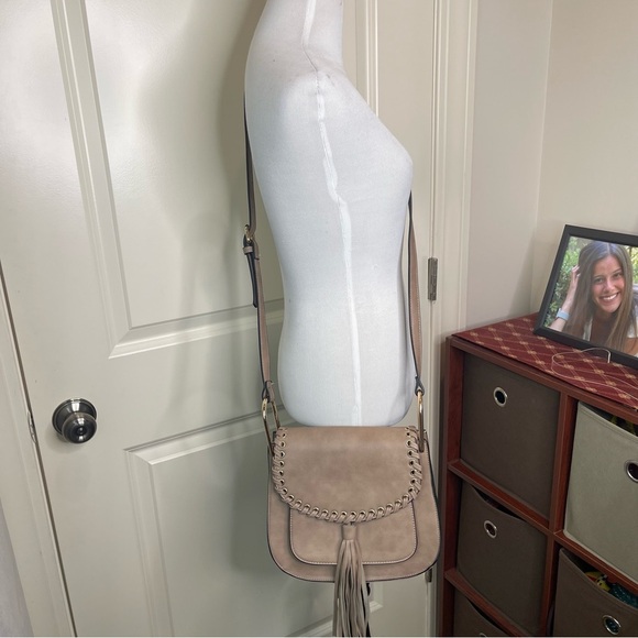 Braided Tassel Taupe Crossbody Saddle Bag - Picture 4 of 17